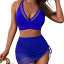 Blooming Jelly Womens Swim Skirt High Waisted Bikini Sets Tummy Control Swimsuits Mesh Sarong Wraps Bathing Suits (X-Large, Royal Blue)