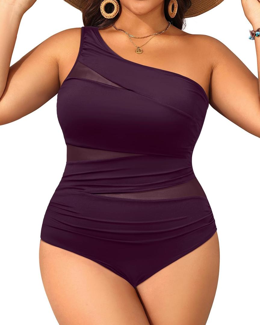 Aqua Eve Plus Size One Piece Swimsuit for Women Tummy Control Bathing Suits One Shoulder Swimwear (18 Plus, Purple)