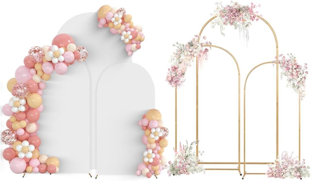 SuuWoee Arch Backdrop Stand Set of 3 With Cover (7.2FT+6FT+5FT),Gold Metal Wedding Arch Balloon Stand With Cover for Birthday Party Baby Shower Graduation Ceremony Decoration