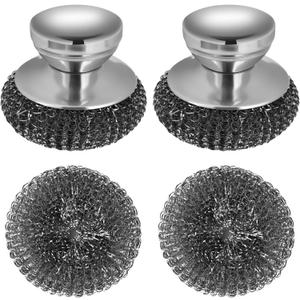 Onewly 2Pack Steel Wool Scrubber Set, Stainless Steel Scrubber with Stainless Steel Handle, for Cleaning Dishes, Cast Iron, Stock Pots, Pans, Griddles, Grills, Silver 