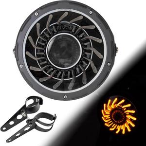 7inch Black Whirlwind Motorcycle Start-up Gradient Headlight Flower White/Amber DRL w/Aluminum Alloy Black Housing Bucket 32-40mm Fork Tube Side Mount Brackets Compatible with Motorbikes