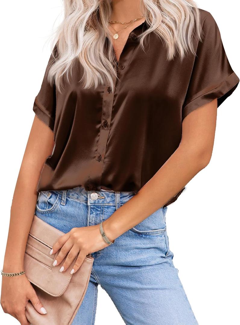 HOTOUCH Silk Button Down Shirts for Women Satin Short Sleeve V Neck Casual Work Office Blouse Tunic Tops (Small, Brown)