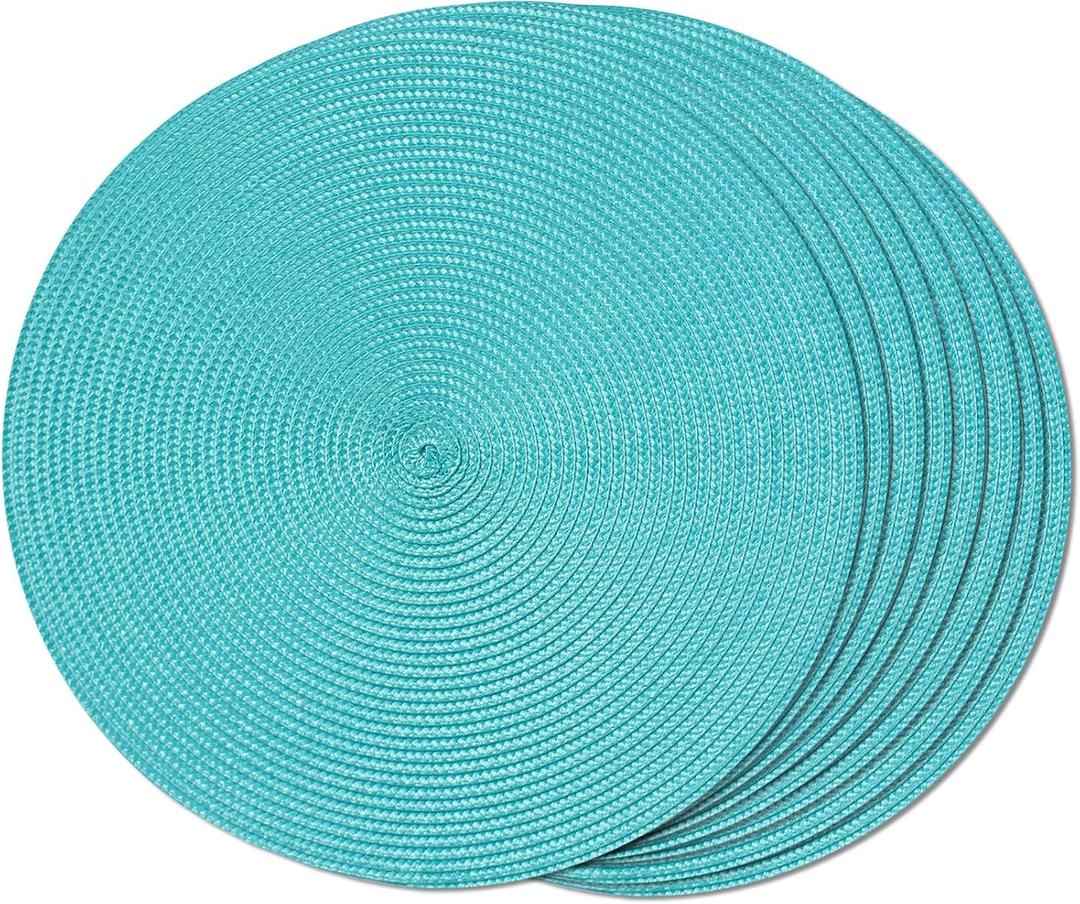 FunWheat Round Braided Placemats Set of 8 Place Mats for Dining Table Woven Washable Non-Slip Table Mats 15 Inch(Turquoise,8pcs)