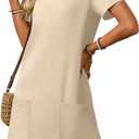 AlvaQ Womens Solid Color Casual Summer Square Neck Short Sleeve Mini Dresses with Pockets (Beige, XL)