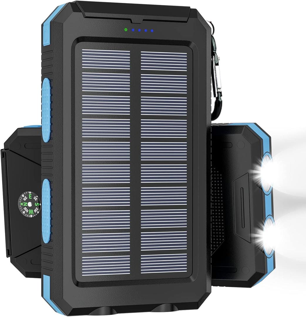 Solar Charger Power Bank - 36800mAh Solar Phone Charger, USB-C QC3.0 Fast Charger with LED Flashlight, IP65 Waterproof Portable Power Bank for Camping, Hiking Outdoor ActivitiesBlue