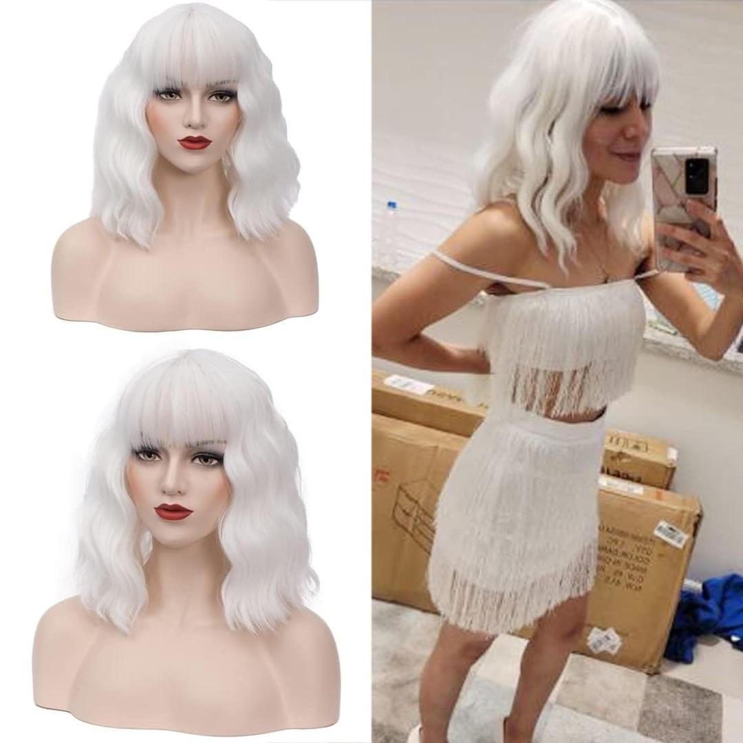 14" Short White Curly Wig For Women Girls Heat Resistant Fiber Wigs Halloween Cosplay Daily Party+Cap (White)
