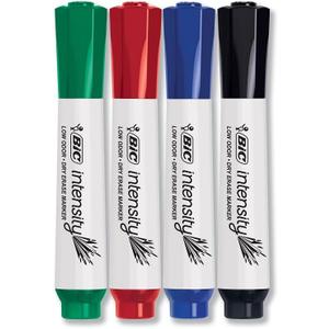 BIC Intensity Low Odor Dry Erase Markers, Assorted Colors, Chisel Tip, 4-Count Pack of Erasable Markers With Low-Odor Ink for a Pleasant Writing Experience