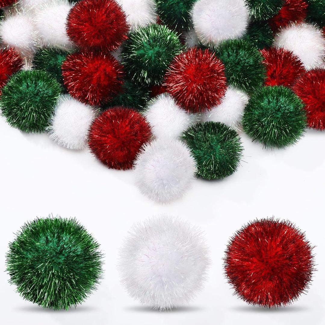 Kasyat 60 Pack 2 Inch Jumbo Glitter Tinsel Pom Poms Extra Large Sparkle Fuzzy Balls Shiny Tinsel Cat Balls for DIY Craft Decorations (Red, Green, White)