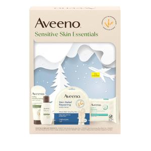 Aveeno Sensitive Skin Essentials Gift Set with Daily Moisturizing Lotion, Body Wash, Calm + Restore Makeup Removing Wipes, & Skin Relief Repairing Hand Mask, 4 Items