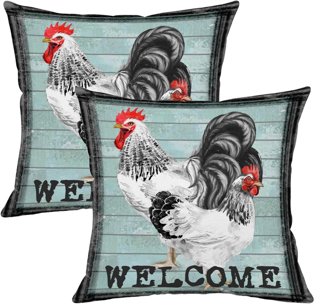 Rooster Throw Pillow Covers Set of 2, 18 x18 Inch Double-Sided Print Pillows Farmhouse Welcome Cushion Cases, Country Farm Chicken Poultry Decor for Couch, Sofa, Entryway, Porch