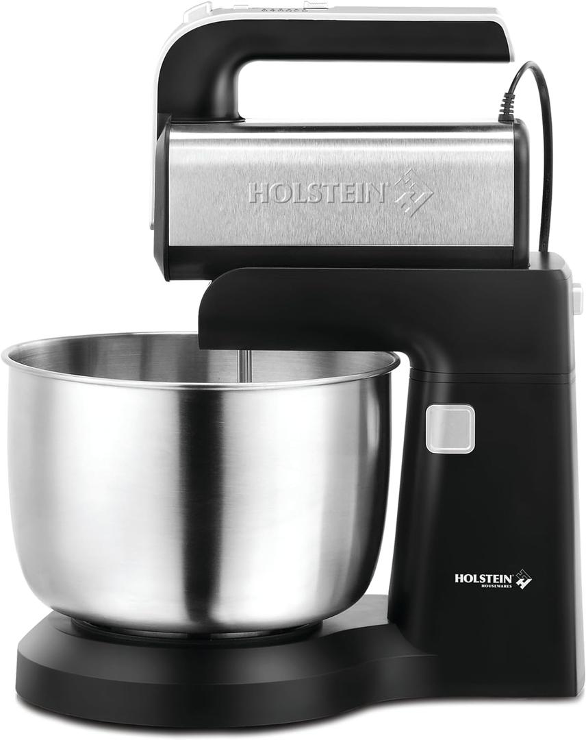 Holstein Housewares 5-Speed Hand and Stand Mixer, 250W Power with LED Light, Black and Stainless Steel  Versatile Mixer for Baking, Whipping, and More