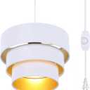 Plug in Pendant Light, Hanging Lamp with Dimmable Switch, Pendant Light Fixtures with 15 Ft Cord, Swag Light with White Fabric Shade for Bedroom, Kitchen, Living Room, Dining Table