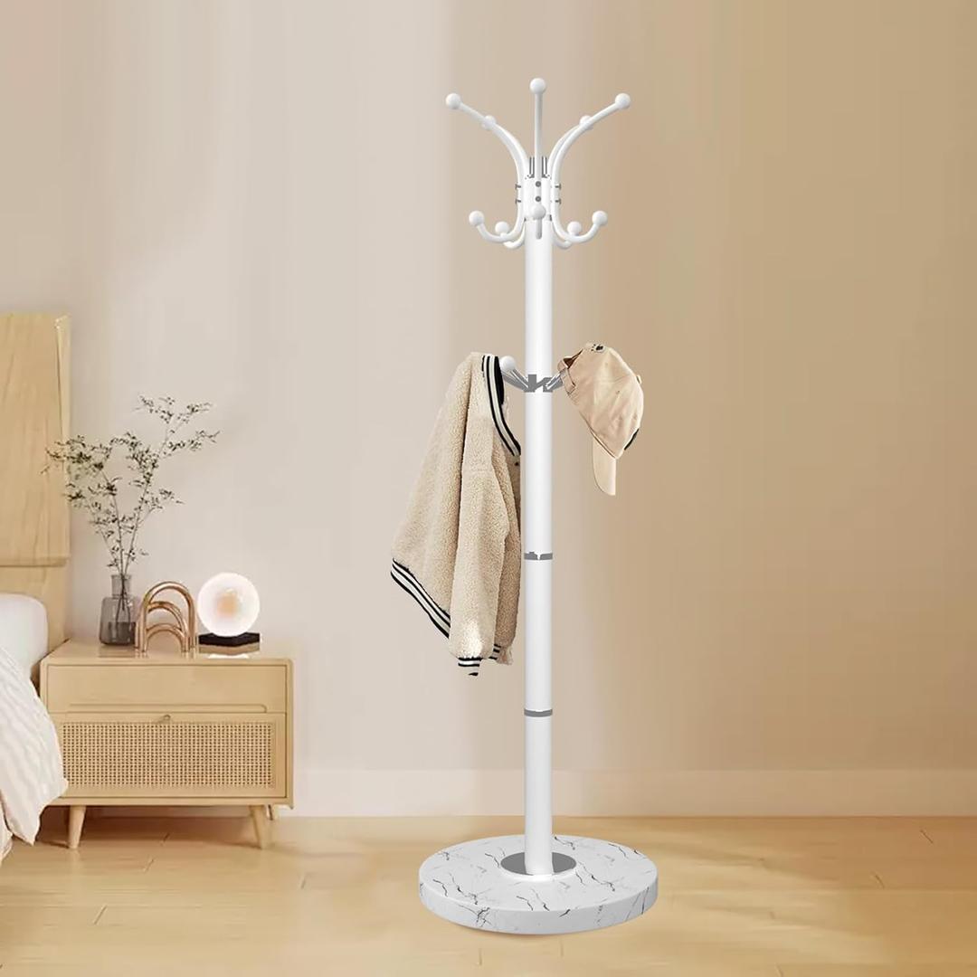 Metal Coat Rack Stand with Natural Marble Base, Modern Coat Rack Freestanding, 360°Rotary Coat Racks with 14 Hooks, Heavy Duty Coat Hall Tree Hanger Stand for Entryway, Office (White)