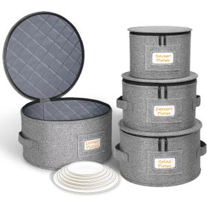 punemi China Storage Containers, Dish Storage w/Hard Shell Top Side Bottom Support & Felt Dividers for Charger Plates Dinnerware, Perfect for Moving Supplies, 4 set Stackable Fine China Storage, Gray