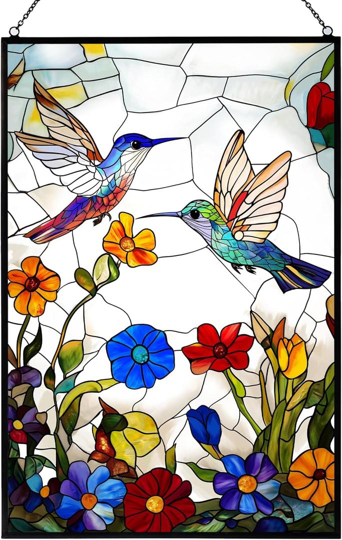 Stained Glass Window Hanging, Hummingbird Suncatchers for Windows Hanging, Handcrafted Sun Catchers Indoor Window Panel for Home Decor, Gift for Mom, Wife, Friends, Rectangular W10 xH15