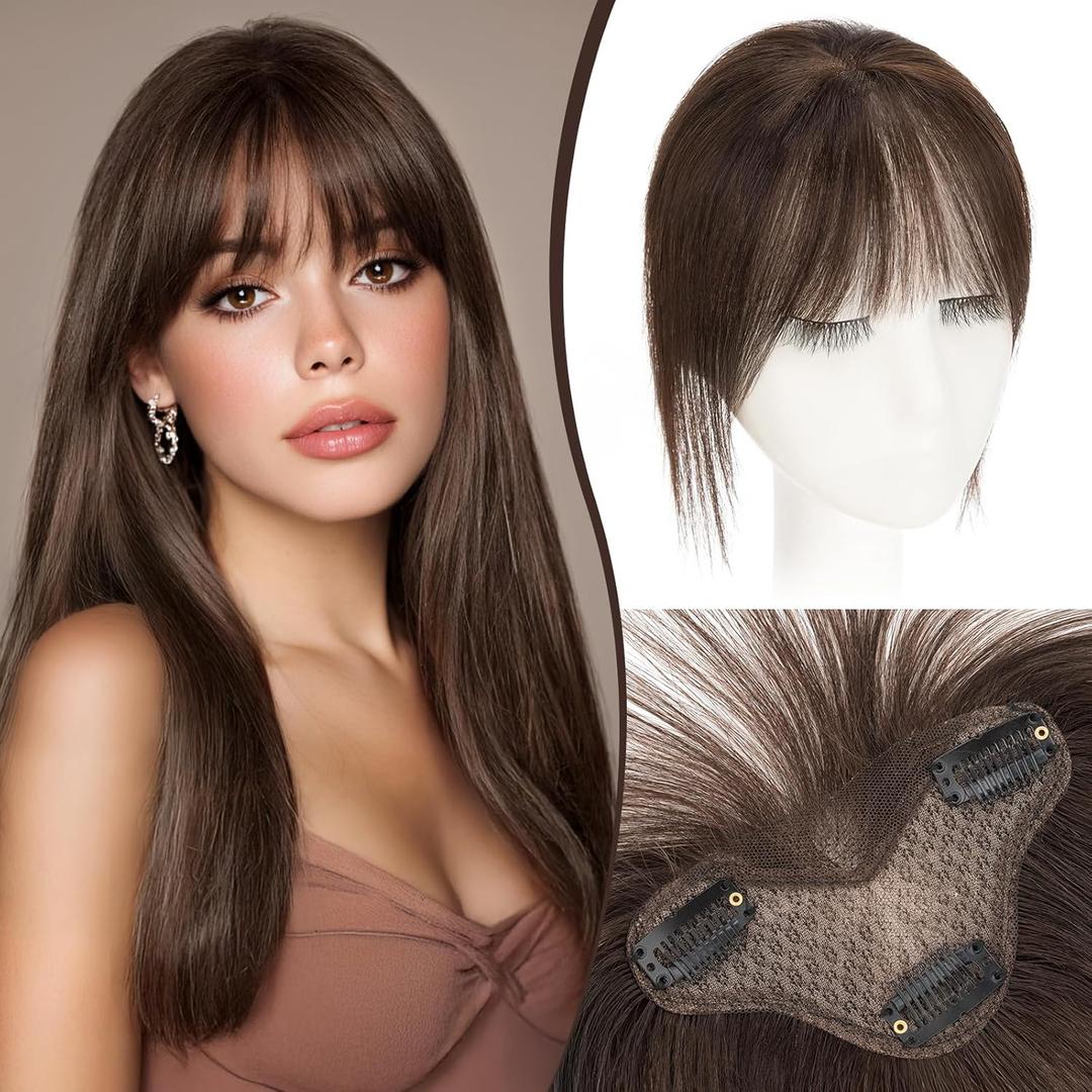 S-noilite Bangs Hair Clip,360 3D Cover Real Clip in Bangs Human Hair Toppers for Women With Side Bang Daily Wear Dark Brown
