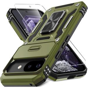 DEERLAMN Case for Google Pixel 9A with Slide Camera Cover+Screen Protector (1 Pack), Rotated Ring Kickstand Military Grade Shockproof Protective Cover-Olive Green