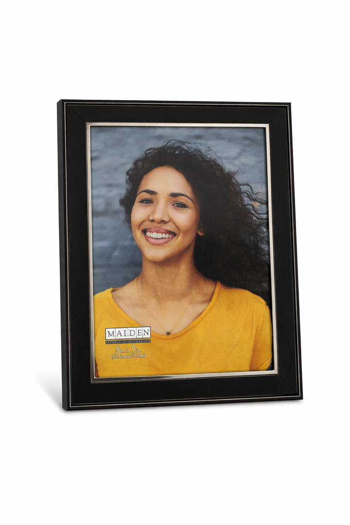 Malden International Designs Black Sleek With Silver Inside Border Picture Frame, 5x7, Black