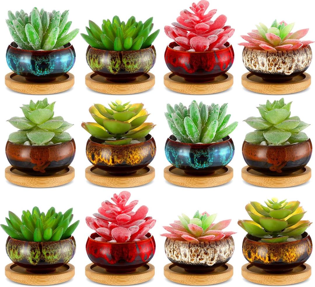 12 Pcs Succulent Pots 2.5 Inch Mini Ceramic Succulent Garden Flower Pots Planters with Drainage and Bamboo Tray for Indoor Garden Plants Planters Colorful Flower Pot(Round,1.2 Inch H)