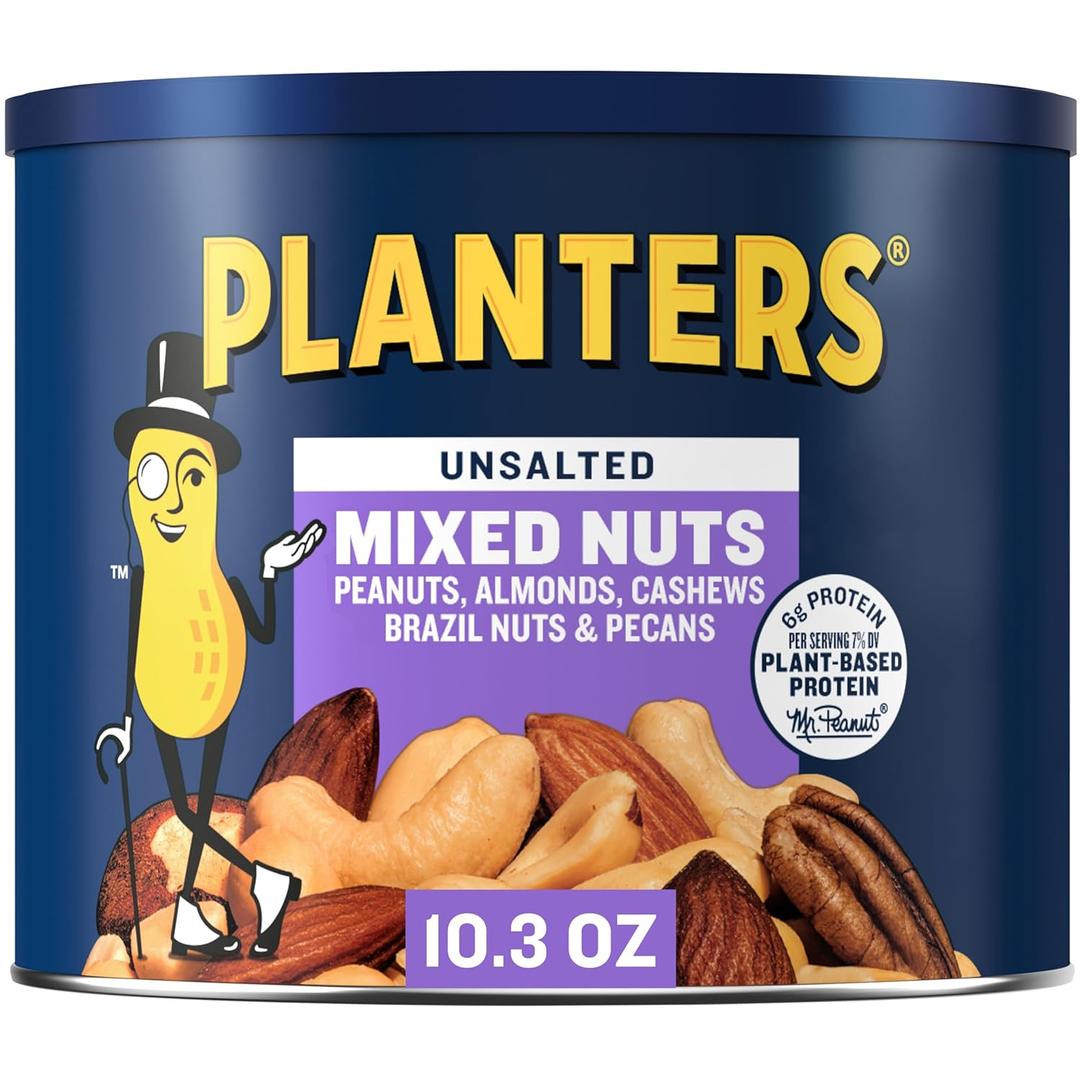 2 x PLANTERS Mixed Nuts Unsalted, Party Snacks, Plant-Based Protein, 10.3 oz Canister (EXP 11/22/26)