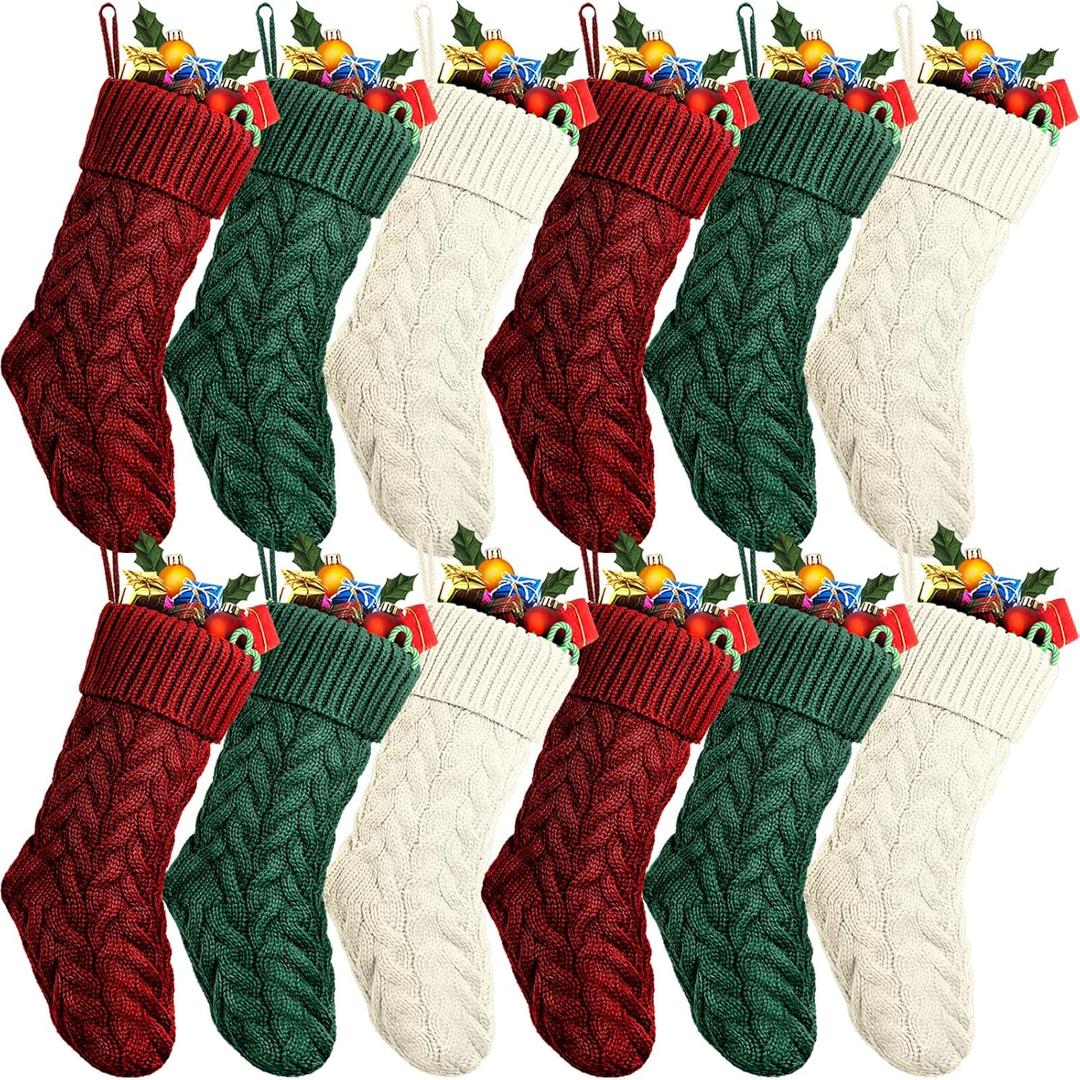 Vinsot 12 Pcs 12 Set Christmas Stockings Christmas Cable Knitted Stockings Decoration for Fireplace Xmas Family Holiday Party (Wine,Ivory,Green) (18 Inch)