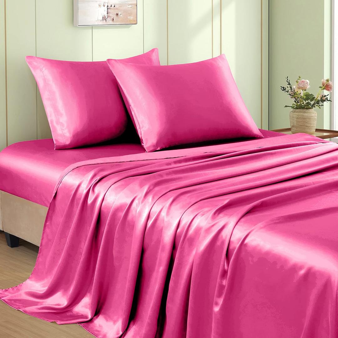 VACVELT 3pcs Hot Pink Satin Sheets Twin Size Bed Set, 15 Inch Deep Pocket Silky Satin Sheet Set, Soft Satin Bedding Set Cooling & Luxury Bed Sheets, 1 Fitted Sheet + 1 Flat Sheet + 1 Pillowcase