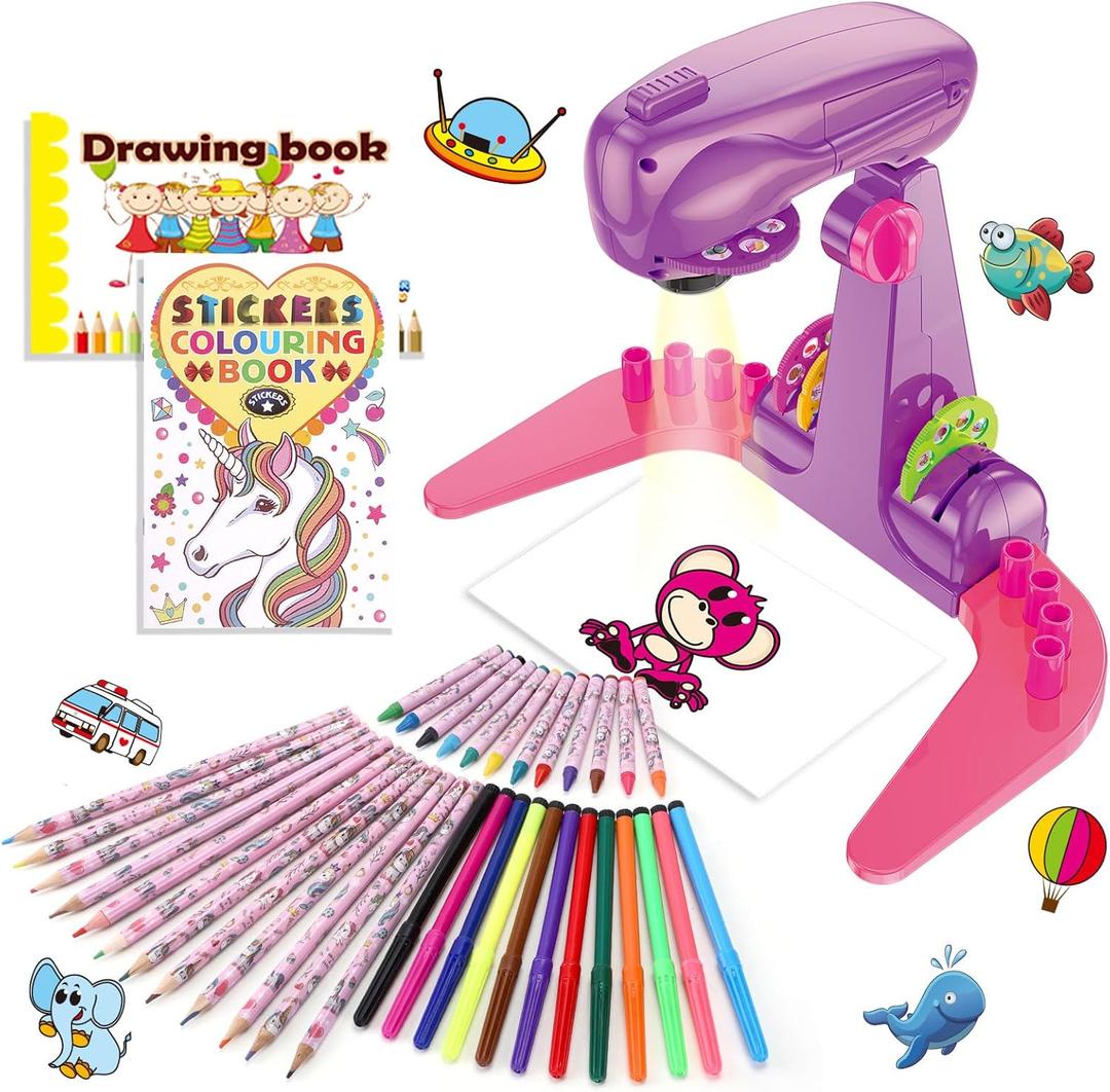 Hoarosall Drawing Projector for Kids, Art and Craft Kit, Toys for Girls Aged 3+, Drawing Supplies, Including Colored Pencils, Crayons, Coloring Books, Gift for 3+ Year Old Girls (Purple)