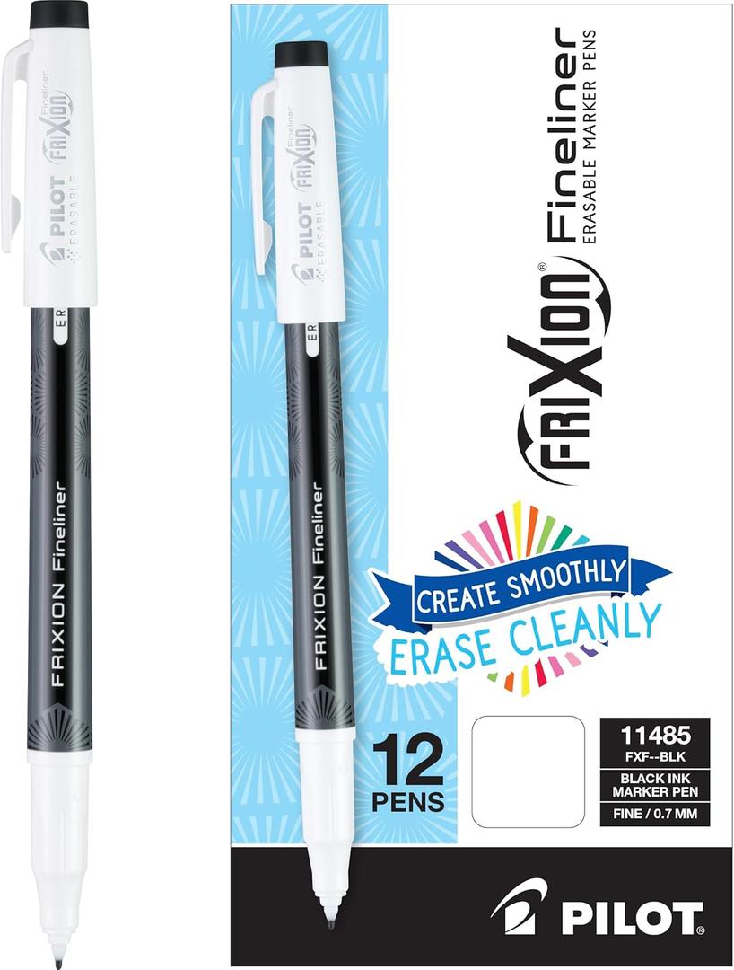 PILOT FriXion Fineliner Erasable Marker Pens, Fine Point, Black Ink, 12-Pack (11485)