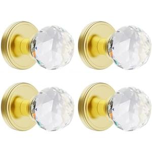 CLCTK 4 Pack Crystal Glass Dummy Door Knobs, Inactive Round Half-Dummy Door Knob Set, Single Side, Polished Brass