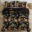 WONGS BEDDING Quilt Set Queen Size, Black Botanical Queen Bedspread Bedding Sets, 3 Pieces Floral Quilt with 2 Pillowcases,Soft Lightweight Microfiber Coverlet Set for All Season(96"X90")