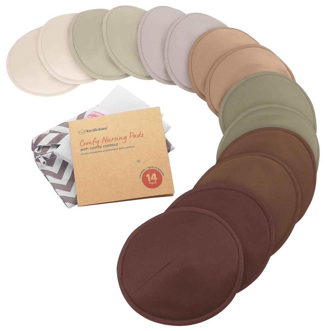 Organic Nursing Pads - 14 Washable Breast Pads for Breastfeeding, Wash Bag, Viscose Derived from Bamboo Reusable Nipple Covers for Breastfeeding Essentials, Soft & Absorbent (Sable, L 5")