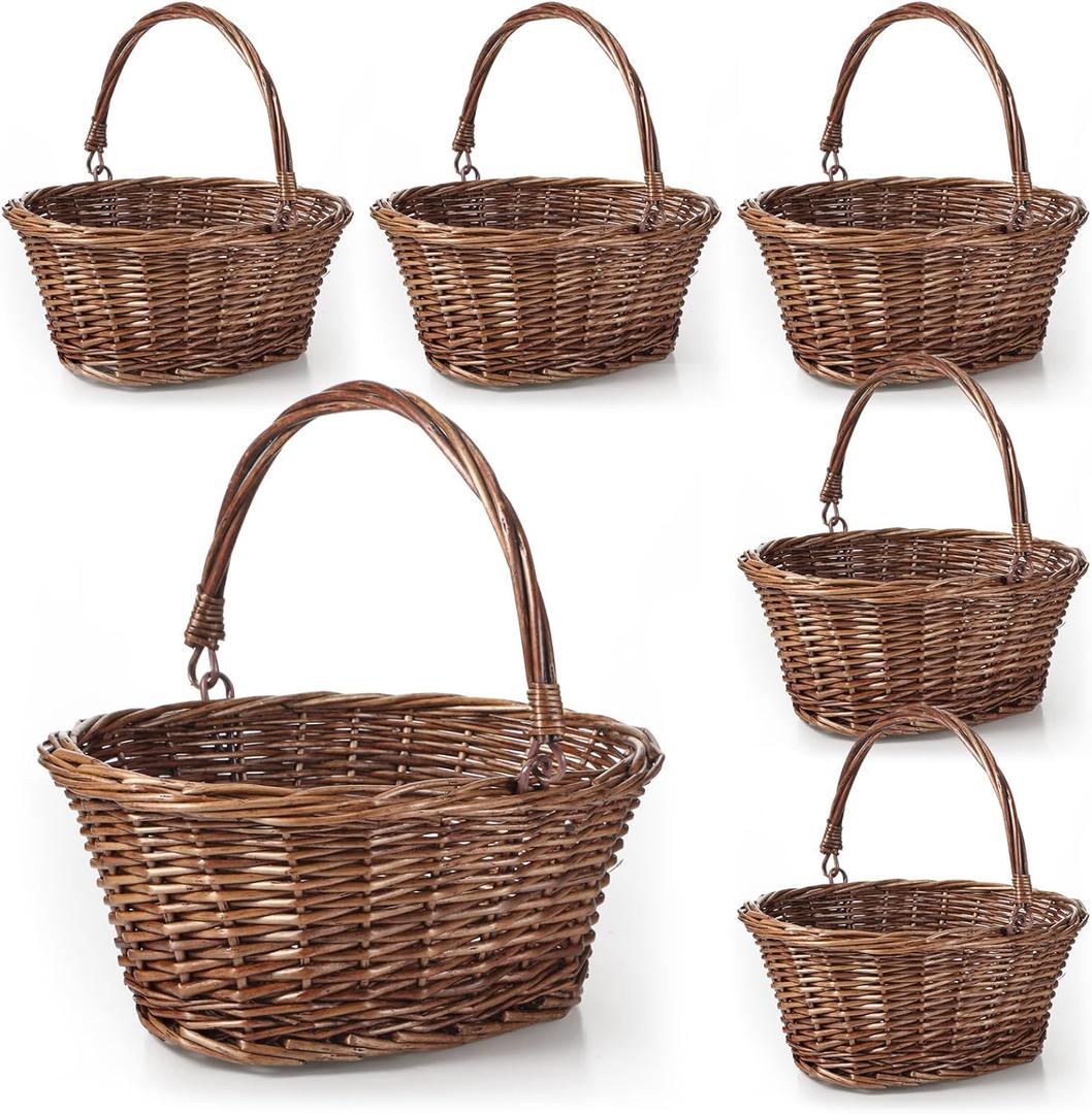 Barydat 6 Pcs Small Wicker Picnic Basket with Handle Flower Girl Baskets Oval Willow Woven Braided Gift Basket for Weddings Baby Shower Summer Home Garden Decor(9" X 7" X 4",Brown)