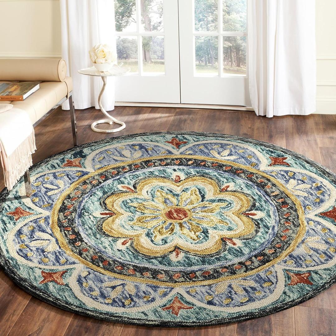 LR Home 4ft Round Indoor Wool Area Rug for Home Decor | Rugs for Living Room, Bedroom, Playroom, Entryway, Office | Hand Woven Modern Farmhouse Large Boho Area Rug for Room Decor | Blue/Multicolor