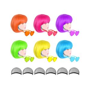 LOHO MAGICA 6 Pack Colored Wigs, Funky Colorful Wigs, Short Bob Hair Wig, Neon Party Wigs with Rimless Heart Sunglasses