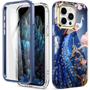 Cute Flower Case for iPhone 16 Pro 6.3 inch Built with Screen Protector, Lightweight and Stylish Full Body Shockproof Protective Rugged TPU Case for Women/Girls-Peafowl