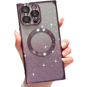 Misscase for iPhone 14 Pro Max Square Case Compatible with MagSafe,Full Protection Magnetic Glitter Camera Lens Protector Anti-Scratch Dust-Proof Net Night Purple