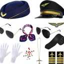 11 Pcs/2 Set Airline Pilot Captain Costumes Flight Attendant Accessories with Hat Sunglasses Scarf for Adult Dress Up Halloween Cosplay Party
