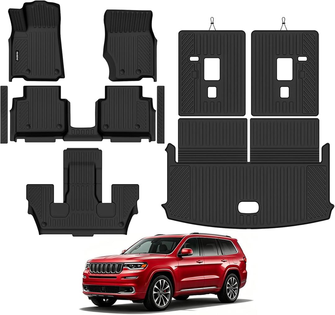 Naibeve Floor Mats for Jeep Grand Cherokee L 2021-2026 no Center Armrest | All Weather Floor Mats, Cargo Mat, Backrest Mats, Door Sill Guards, 6 Seats w/o 2nd Row Center Armrest Protector accessories