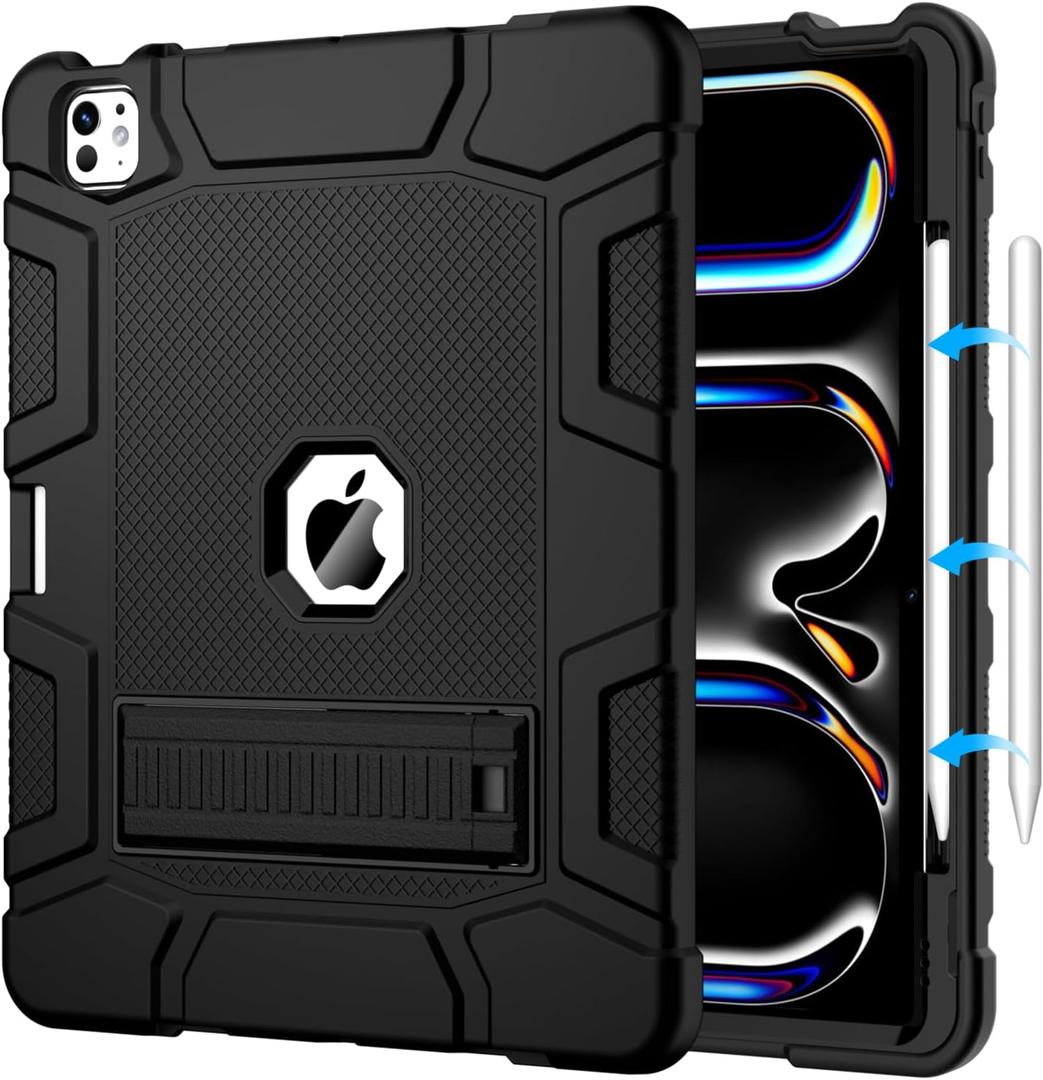 Case for iPad Pro 13 Inch Case (M5 2025/ M4 2024) with Pencil Holder, Built-in Stand, Military Grade Shockproof Protective Cover for iPad Pro 13" 8th/ 7th, Black