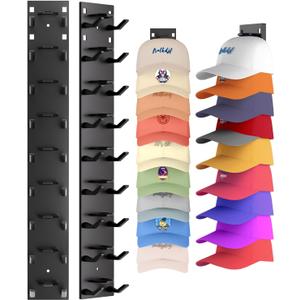 2 Pack Hat Organizer for Baseball Caps, Strong Adhesive Hat Rack for Wall, Multilayer Hat Storage Display Holder, Wall Mounted Hat Hooks Hold up to 18 Hats for Closet Door and Bedroom (Black)