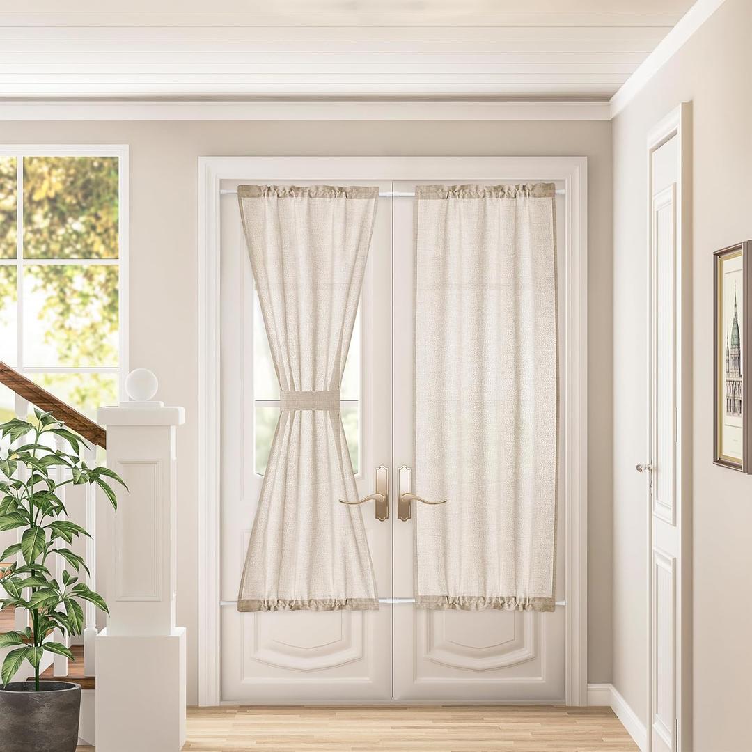 Linen French Door Curtains 72 Inch Length Dual Rod Pocket Semi Sheer Curtains for Laundry Room Bedroom Sliding Door with Tieback Privacy Light Filtering Sidelight Drapes