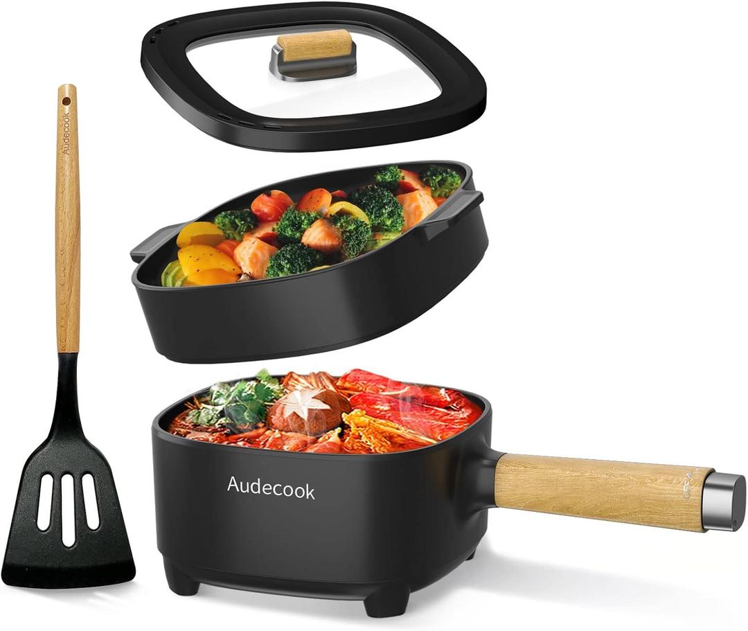 Audecook Hot Pot Electric 2L, Ceramic Glaze Non-Stick Frying Pan 8 Inch, Portable Travel Cooker for Ramen/Steak/Fried Rice/Oatmeal/Soup, with Dual Power Control (Silicone Spatula Included) (E(Black/with Steamer))