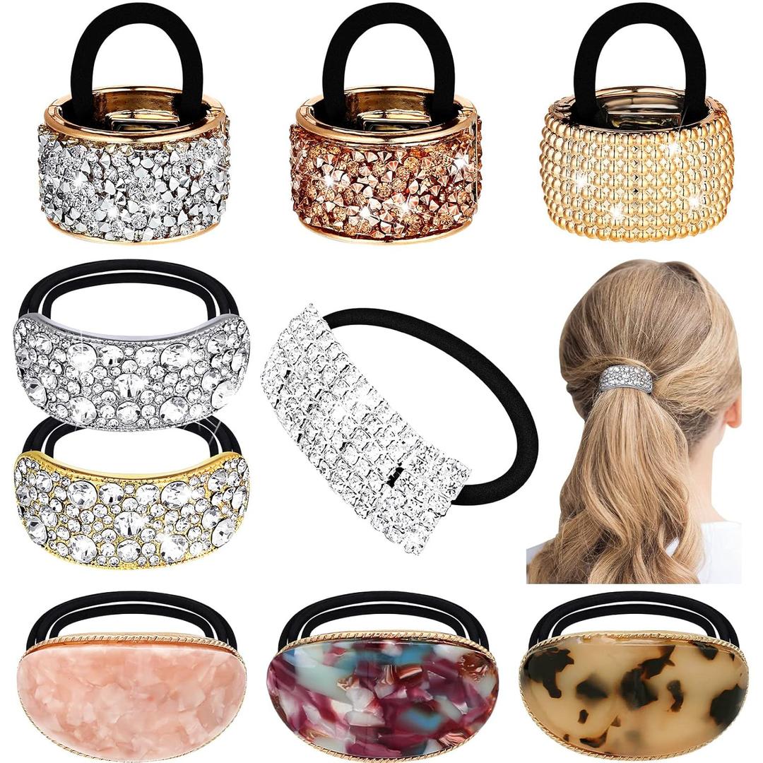 9 Pack Ponytail Hair Cuff Metal Rhinestone Decorative Fancy Ponytail Holder for Women Gold Elastic Glitter Hair Tie Wrap Cuff Tortoise Shell Ring Holder Mother's Day Gift(Elegant Style)