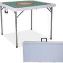 35" Square Mahjong Table, 4 Player Portable Folding Card Table with Green Tabletop & 4 Cup Holders, Durable HDPE Material, Removable Legs for Easy Storage, White