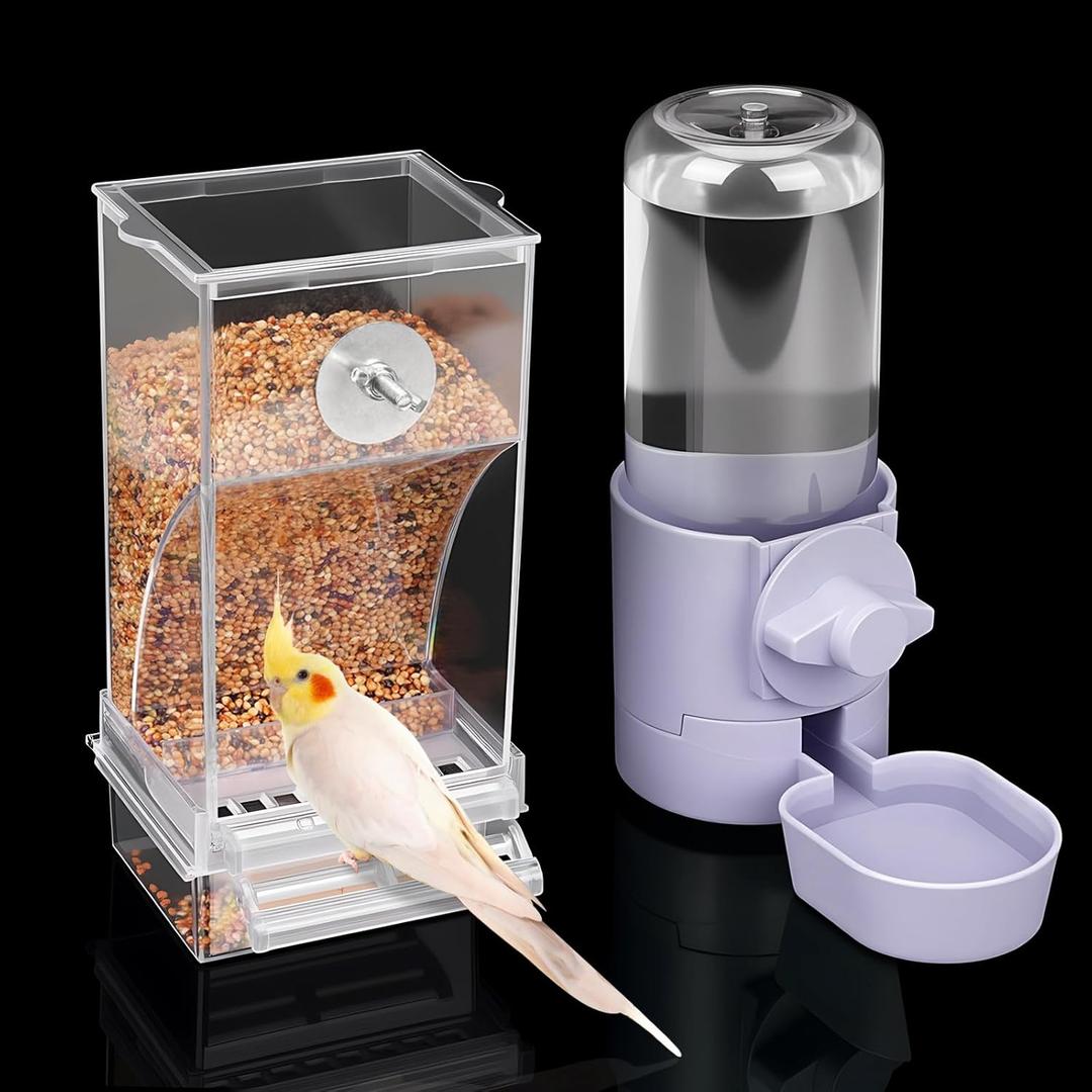 No Mess Bird Feeder Water Dispenser Set, Bird Feeder for Cage, Cage Accessories for Cockatiels, Finches, Budgies and Canaries (Purple)