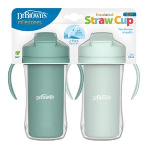 Dr. Brown's Milestones Insulated Sippy Cup with Straw and Handles, SpillProof Tumbler with Lid, 2Pack, Green, 10 oz/300 mL, BPA Free, 12m+