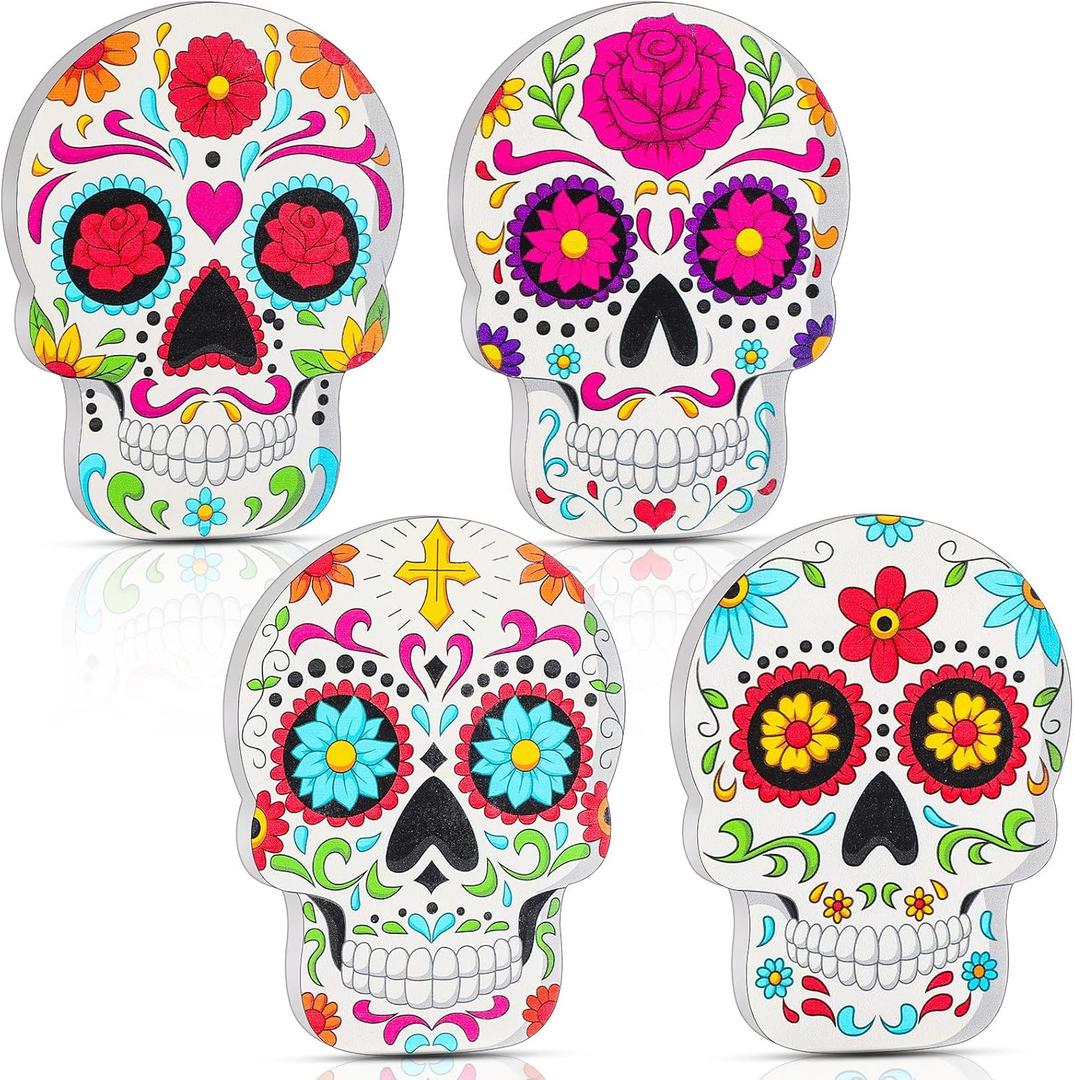 Thyle 4 Pieces Day of The Dead Sugar Skull Table Decorations Mexican Dia de Los Muertos Wooden Sugar Skull Signs Halloween Skull Centerpiece for Table Room Decor for Party Home