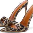 Frankie Hsu Sexy Stiletto Leopard Print High Heeled Sandal, Stylish Fashion High Heels Women Shoes, Designer Pointed Toe Satin Brown Spike Mule Sandal For Women (7)