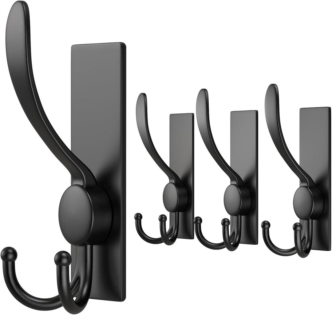VAEHOLD 4 Pack Adhesive Towel Hooks Robe Towel Wall Hooks Stainless Steel Heavy Duty Coat Hooks, Multifunctional Practical Hooks for Hanging Bathrobes, Coats (Black)
