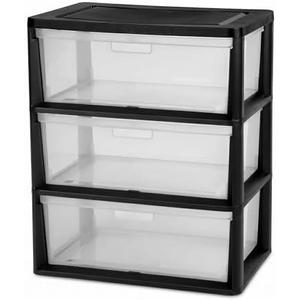 3 Drawer Storage Tower, Wide Plastic Floor Organizer with Clear Bins, Black | Transparent plastic drawers, complete three-sided visibility, quick craft and office file sorting, sleek bedroom organizer